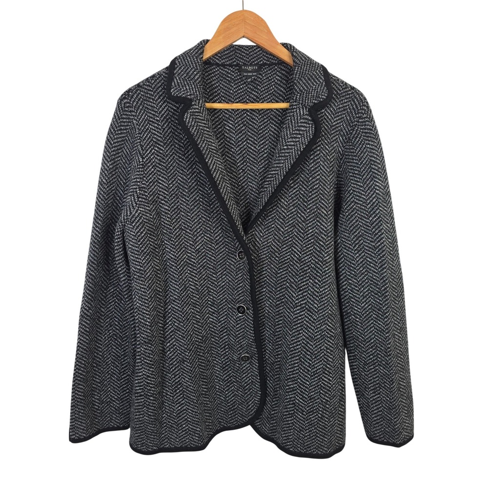 Talbots Plus Pure Merino Wool Herringbone Knit Blazer Jacket Black Gray 1X